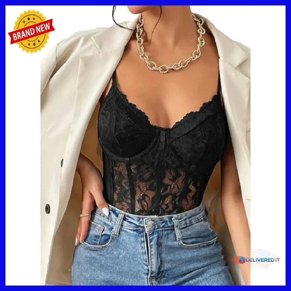 Sheer Mesh Lace Bustier Bodysuit Slim Fit Shapewear Sleeveless